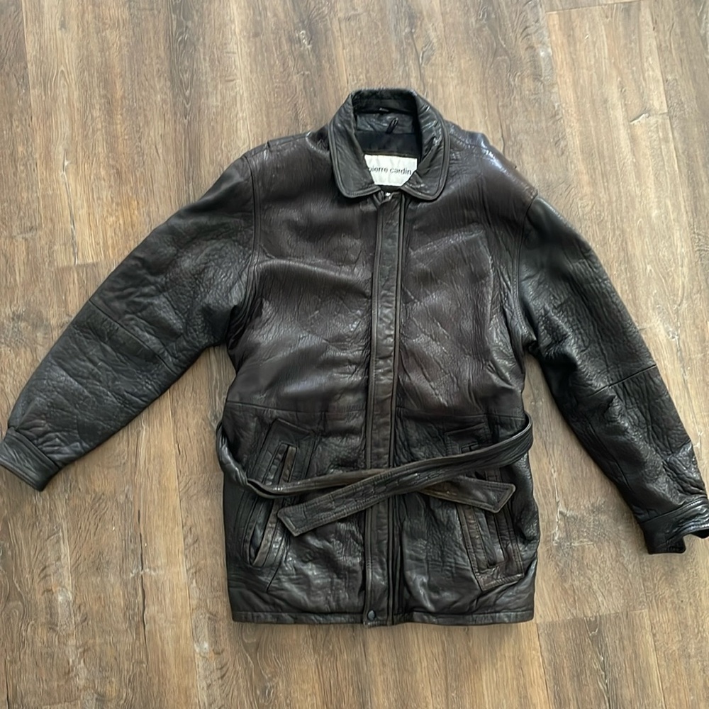 Vintage Leather Biker Jacket in Black with Belted Waist